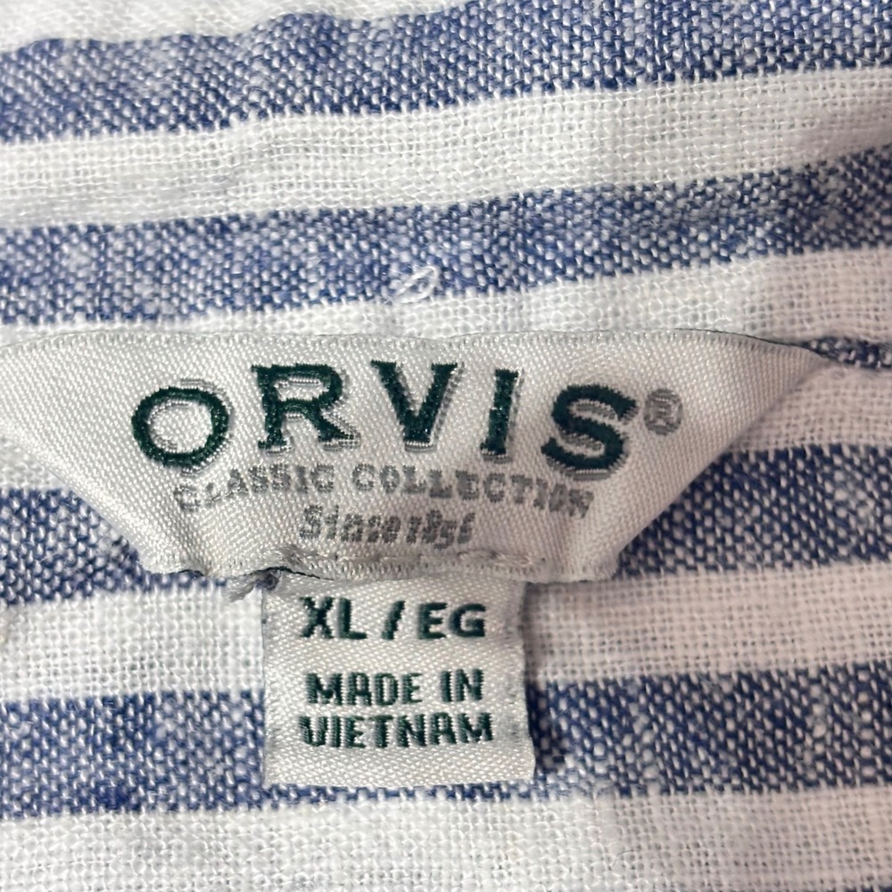 VTG Orvis Button Up Shirt Blue White Striped Linen Coastal Nautical Beach XL - Picture 7 of 12